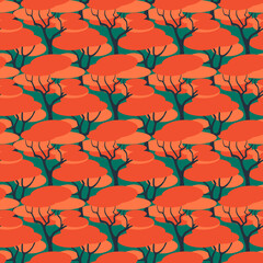 Fairytale red forest seamless pattern bright contrasting scrapbook background