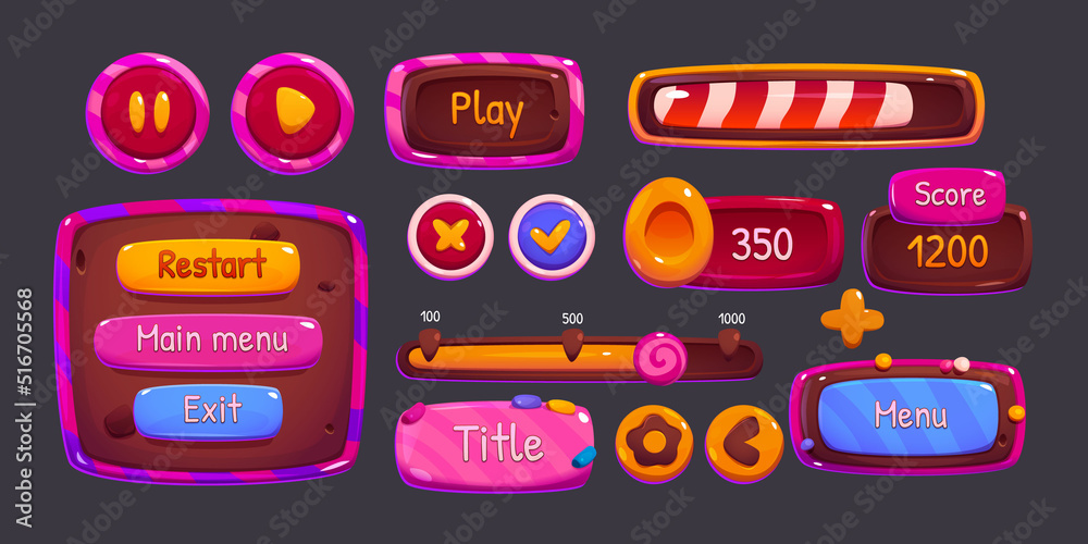 Poster candy game menu interface windows, cartoon options, settings, plates with ui buttons, progress bars 
