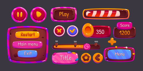 Candy game menu interface windows, cartoon options, settings, plates with ui buttons, progress bars and gui elements. Glossy user panels with lollipop slider, isolated vector 2d design templates set