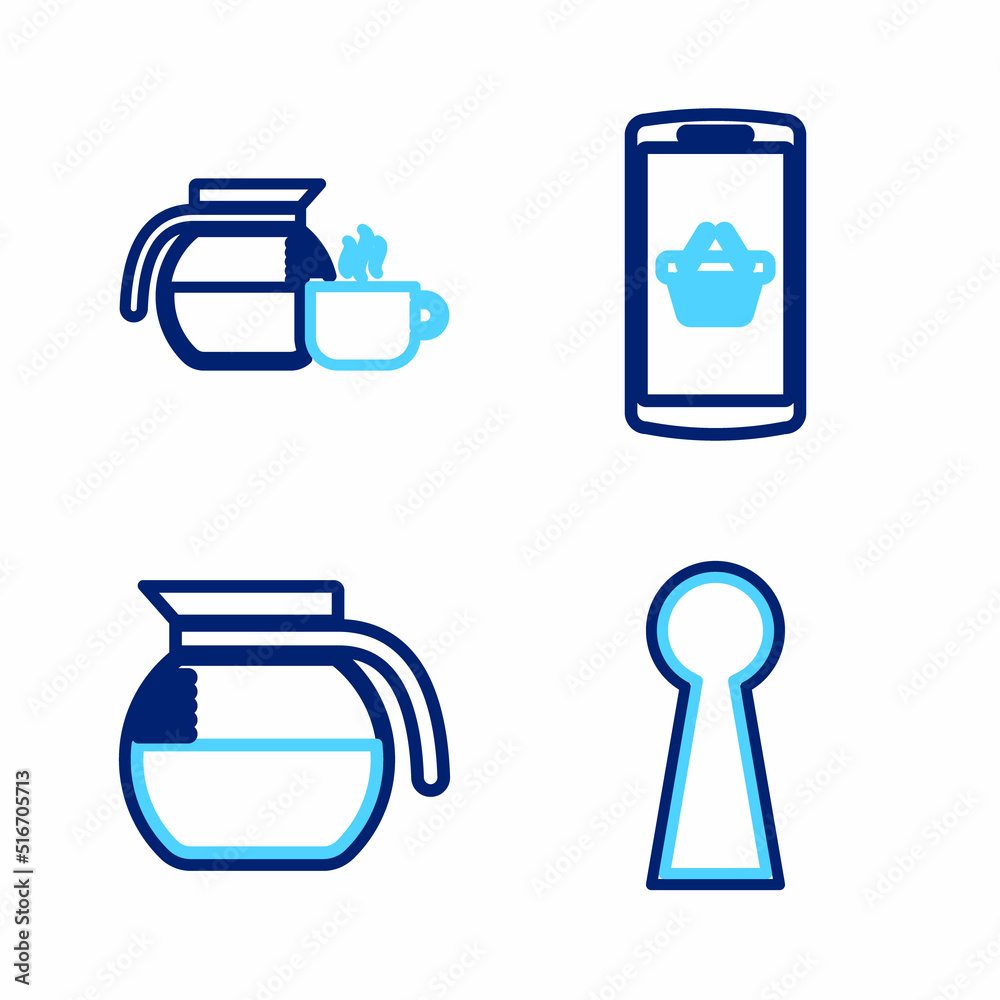 Sticker Set line Keyhole, Coffee pot, Shopping basket on mobile and with cup icon. Vector