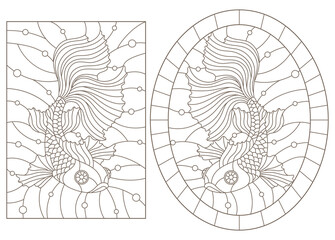 Set of contour illustrations of stained-glass Windows with goldfish, dark contours on a white background