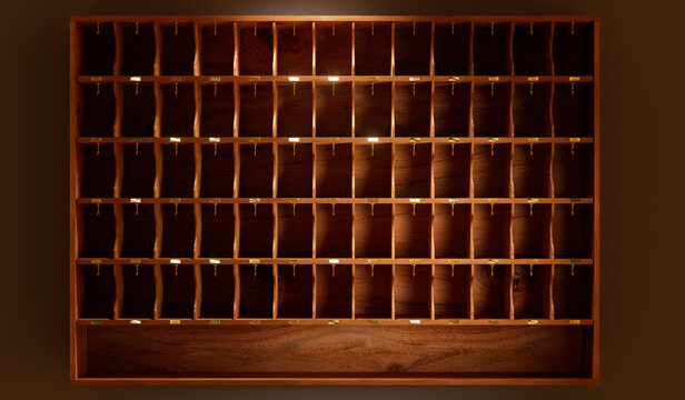 Empty wood key cabinet with dramatic lighting. 3D rendering, illustration.