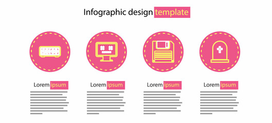 Set line Floppy disk, Tombstone with cross, Dead monitor and Retro flip clock icon. Vector