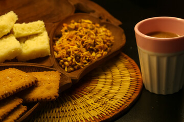 Evening cup of tea with cookies and namkeen yummy snacky time