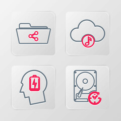 Set line Hard disk drive with clockwise, Head low battery, Music streaming service and Share folder icon. Vector