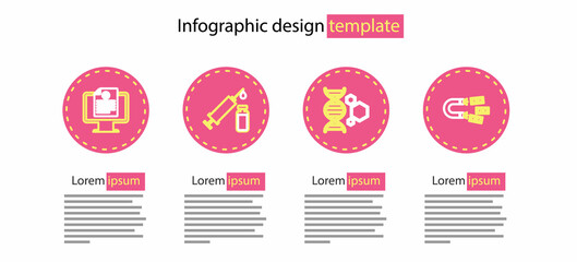 Set line Genetic engineering, Magnet with money, Medical syringe and vial and Clinical record monitor icon. Vector