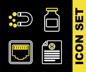 Set line Medicine bottle, Clinical record, Network port cable socket and Magnet with money icon. Vector