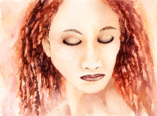 Curled red hairstyle woman portrait. Watercolor on paper.