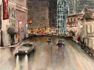 Night street scene. Watercolor on paper.