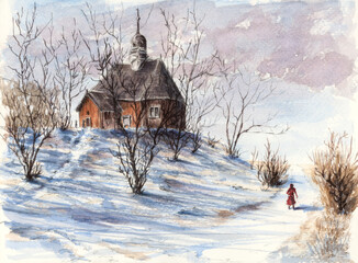Small wooden temple on hill at winter. Watercolor on paper.