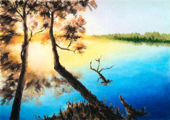Trees over water. Soft pastel on paper.