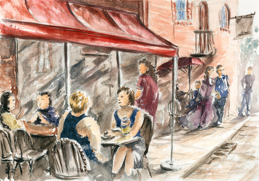 Street scene. Watercolor on paper.