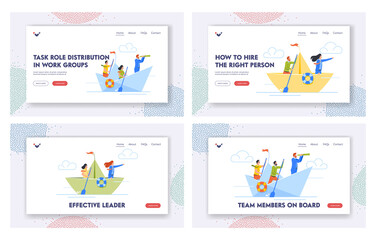 Obraz na płótnie Canvas Leadership, Vision, Business Strategy Landing Page Template Set. Businessman With Team Sailing On Paper Boat, Support