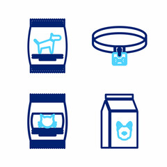 Set line Bag of food for dog, cat, Dog collar and icon. Vector