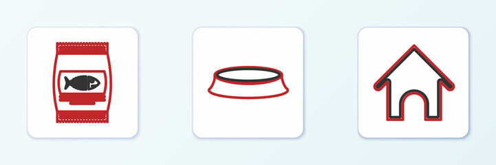 Set line Dog house, Bag of food for cat and Pet bowl icon. Vector