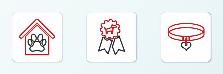 Set line Collar and heart, Dog house paw print pet and award symbol icon. Vector