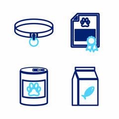 Set line Bag of food for cat, Canned, Certificate dog and Collar icon. Vector