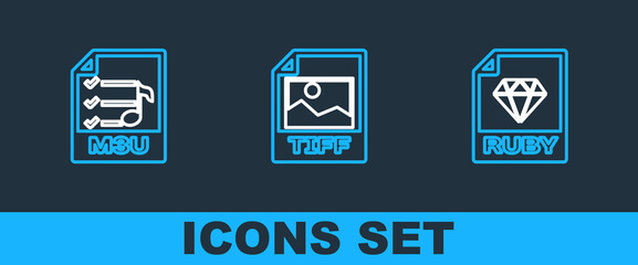 Set line RUBY file document, M3U and TIFF icon. Vector