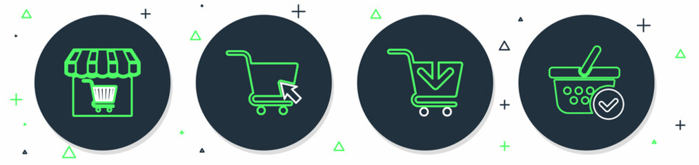 Set line Shopping cart with cursor, Add to, Market store shopping and basket check mark icon. Vector © vector_v