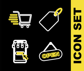 Set line Label template price tag, Hanging sign with Open door, Mobile and shopping cart and Shopping icon. Vector