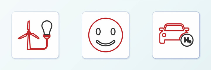 Set line Hydrogen car, Light bulb with wind turbine and Smile face icon. Vector