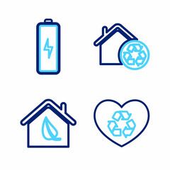 Set line Eco friendly heart, house, House with recycling and Battery icon. Vector