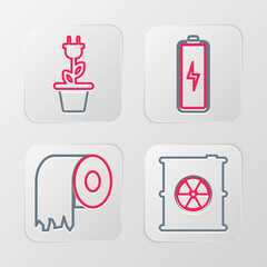 Set line Radioactive waste in barrel, Toilet paper roll, Battery and Electric saving plug pot icon. Vector
