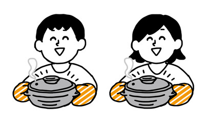 鍋を運ぶ私服男性女性