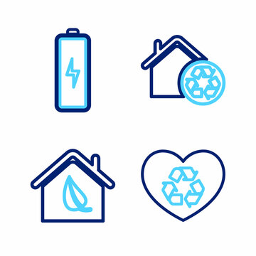 Set line Eco friendly heart, house, House with recycling and Battery icon. Vector