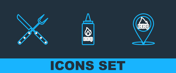 Set line Location with barbecue, Crossed fork and knife and Ketchup bottle icon. Vector