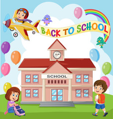 Obraz na płótnie Canvas Back to school. Happy little kids with school building