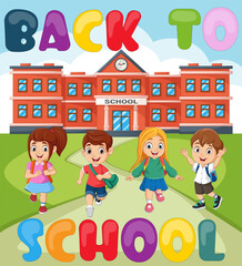 Obraz na płótnie Canvas Back to school. Happy school children in front school building