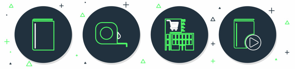 Set line Roulette construction, Mall or supermarket building, Book and Audio book icon. Vector