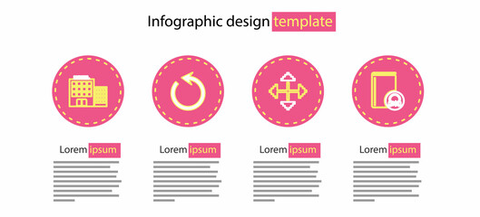 Set line Pixel arrows in four directions, Audio book, Refresh and Hotel building icon. Vector