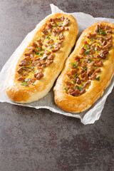 Traditional oven baked Macedonian meat pie pastrmajlija closeup on the parchment on the table. Vertical