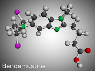 Bendamustine molecule. It is alkylating agent, used in treatment of lymphocytic leukemia. Molecular model. 3D rendering.