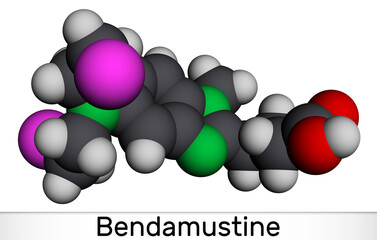 Bendamustine molecule. It is alkylating agent, used in treatment of lymphocytic leukemia. Molecular model. 3D rendering
