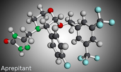 Aprepitant drug molecule. It is used to treat nausea and vomiting caused by chemotherapy and surgery. Molecular model. 3D rendering