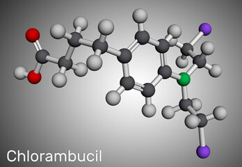 Chlorambucil molecule. It is chemotherapy agent used in the treatment of lymphocytic leukemia, malignant lymphomas. Molecular model. 3D rendering