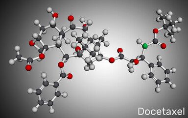 Docetaxel, DTX or DXL molecule. It is taxoid antineoplastic agent used in treatment of various cancers. Molecular model. 3D rendering