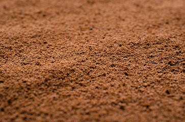 Background of instant coffee closeup, banner. Coffee powder texture, top view. Ground, instant coffee background, texture, top view. Texture of brown coffee powder, banner.