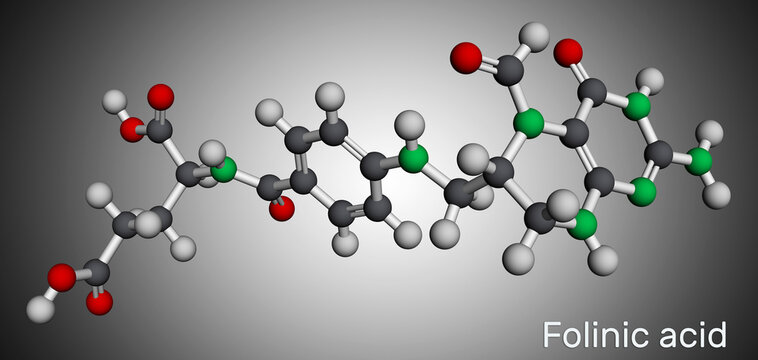 Folinic acid, leucovorin molecule. It is folate analog, used to treat colorectal cancer, pancreatic cancer. Molecular model. 3D rendering.