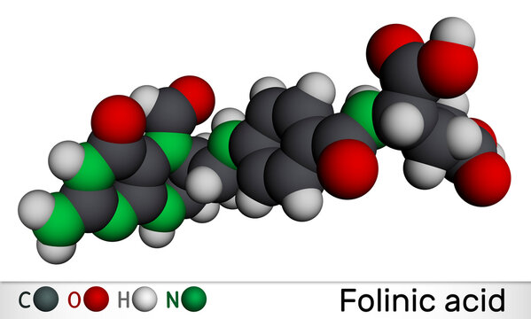 Folinic acid, leucovorin molecule. It is folate analog, used to treat colorectal cancer, pancreatic cancer. Molecular model. 3D rendering