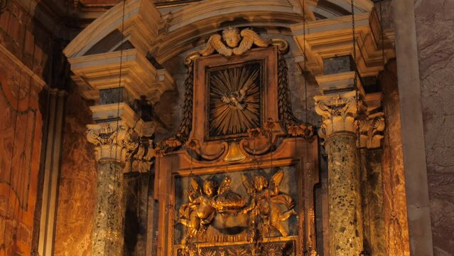 Low angle shot of the interior alter in Church San Camillo de Lellis in Rome, Italy. Popular tourist destination.