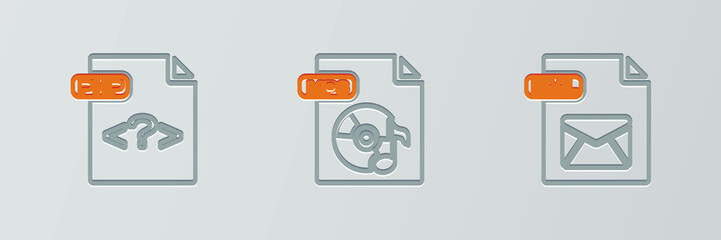 Set line EML file document, PHP and MP3 icon. Vector