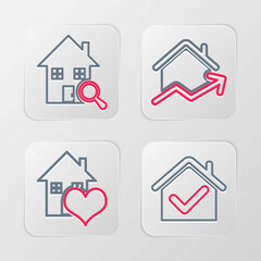 Set line House with check mark, heart shape, Rising cost of housing and Search house icon. Vector