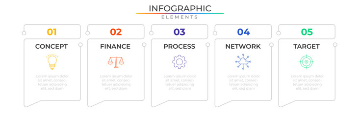 Modern annual five steps infographic elements plan concept design vector with icons. Strategy network project template for presentation and report.	