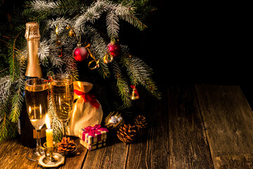 Christmas theme with champagne and gifts