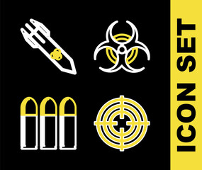 Set line Biohazard symbol, Target sport, Bullet and rocket icon. Vector