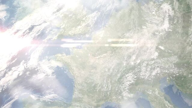 Earth zoom in from outer space to city. Zooming on Issy-les-Moulineaux, France. The animation continues by zoom out through clouds and atmosphere into space. Images from NASA